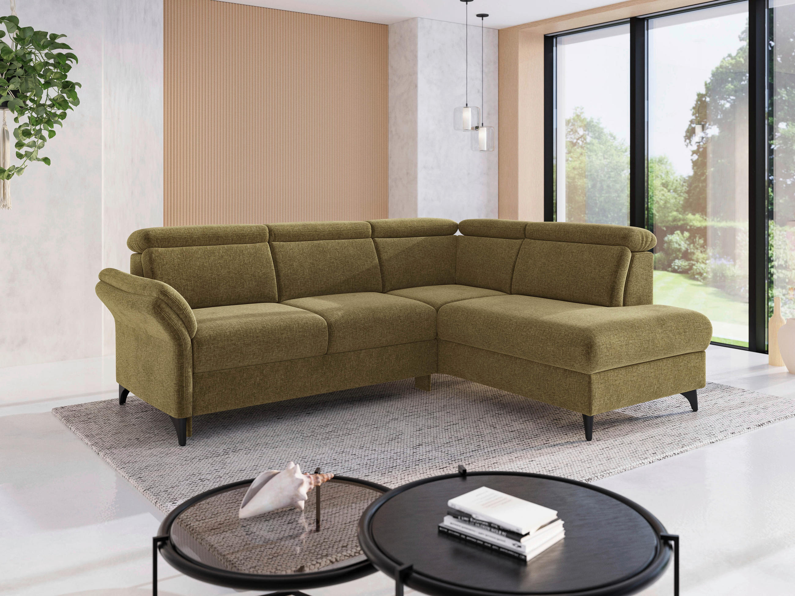 ECKSOFA GLENDALE E Olivgrün Flachgewebe  - Schwarz/Olivgrün, KONVENTIONELL, Textil/Metall (247/193cm) - Sit & More