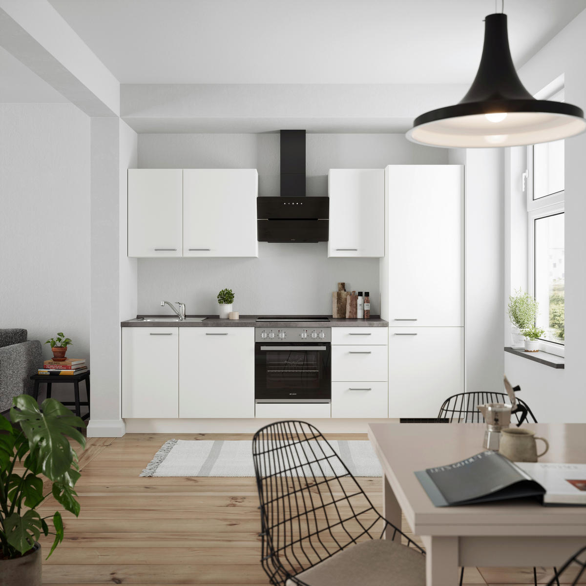 BUCĂTĂRIE FĂRĂ ELECTROCASNICE  - alb/culoare inox, Modern, metal/material pe bază de lemn (270cm) - Nobilia
