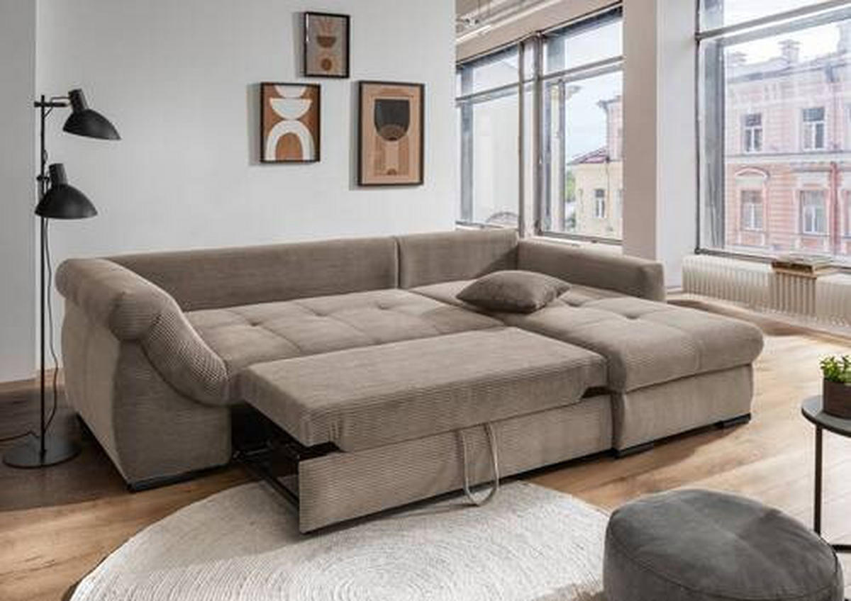 ECKSOFA Graubraun Cord  - Graubraun/Schwarz, MODERN, Holz/Textil (302/188cm) - MID.YOU