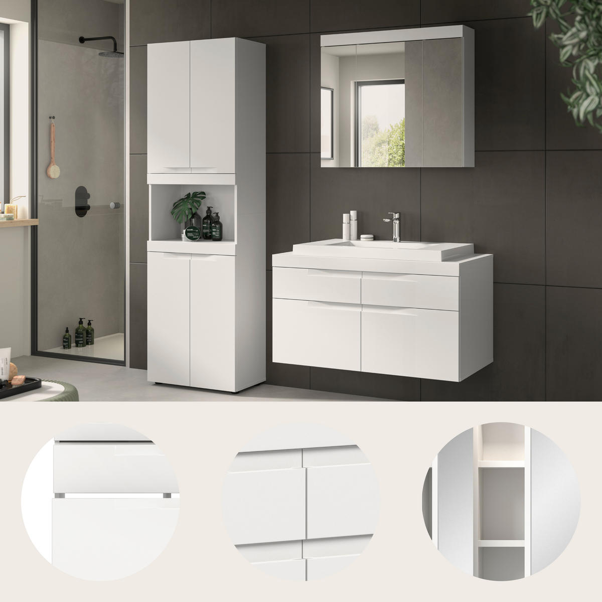 BADEZIMMER 4-teilig  in 175 cm  - Schwarz/Weiß, Trend, Glas/Holzwerkstoff (175cm) - MID.YOU