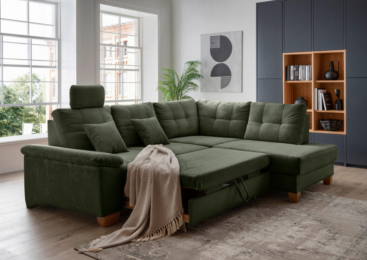 ECKSOFA in Cord Dunkelgrün  - Dunkelgrün/Naturfarben, Modern, Holz/Textil (274/206cm) - Livetastic