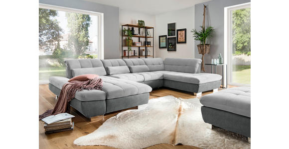 WOHNLANDSCHAFT  in Mikrofaser Hellgrau  - Chromfarben/Hellgrau, Design, Kunststoff/Textil (204/350/211cm) - Xora