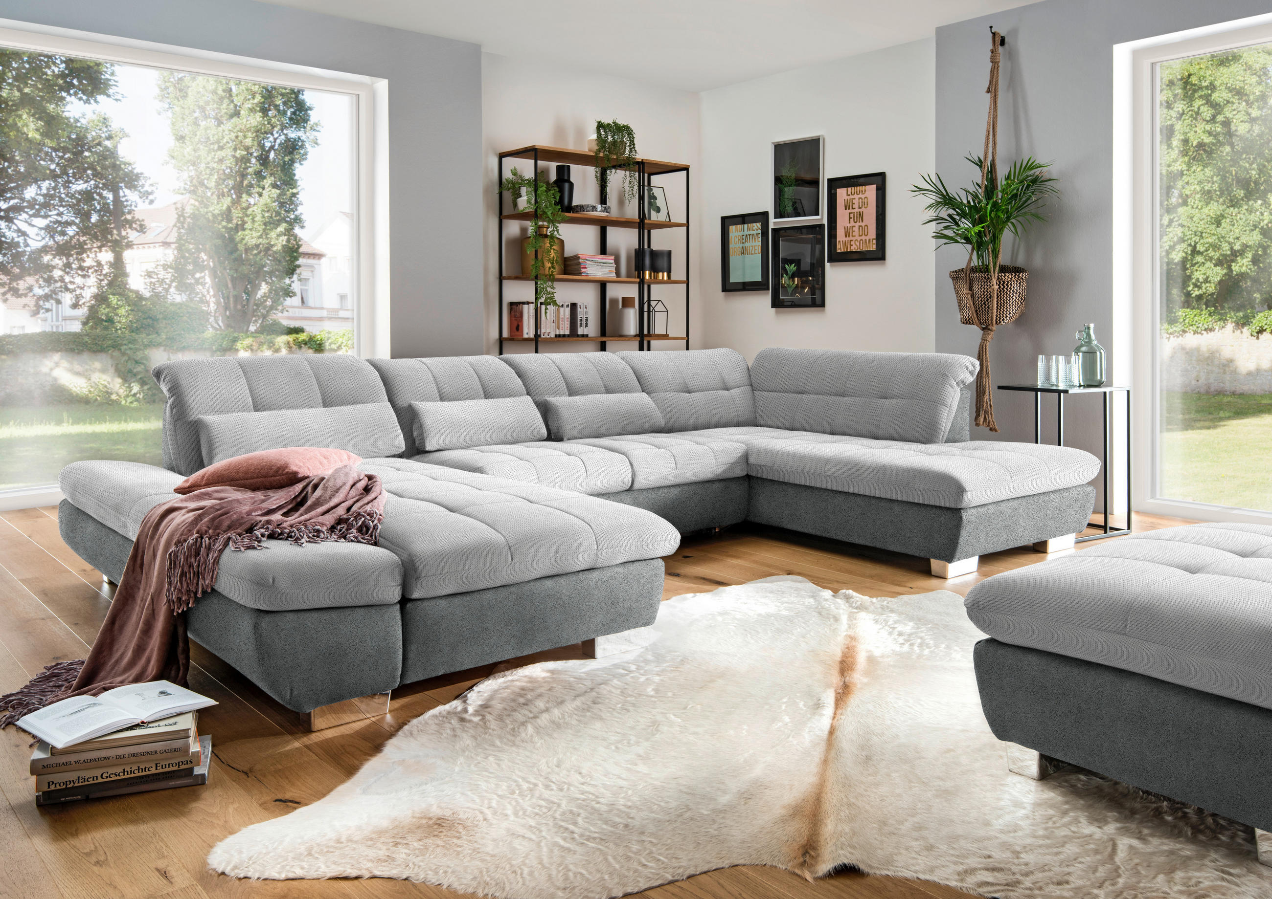 WOHNLANDSCHAFT in Mikrofaser Hellgrau  - Chromfarben/Hellgrau, Design, Kunststoff/Textil (204/350/211cm) - Xora