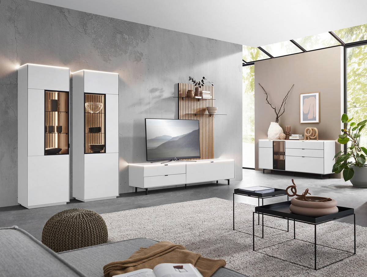 WOHNWAND  in Naturfarben, Weiss 216/149/46 cm  - Weiss/Naturfarben, Design, Glas/Holzwerkstoff (216/149/46cm) - Dieter Knoll