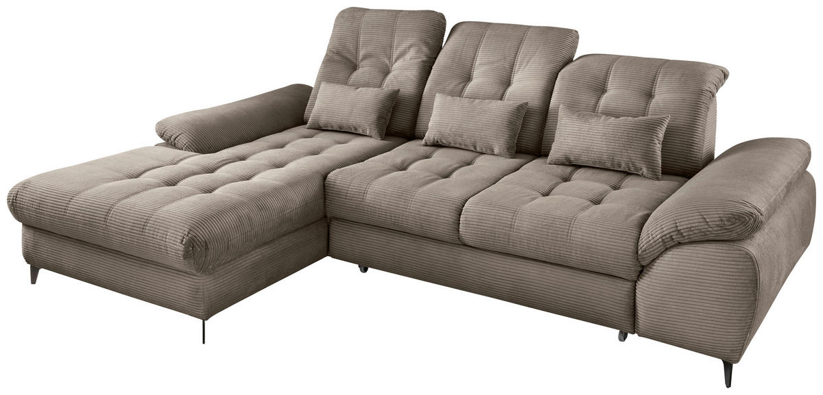 ECKSCHLAFSOFA  mit seitenverkehrt erhältlich, Rücken echt, Armteil links, Armteil rechts Cord Graubraun  - Graubraun/Schwarz, MODERN, Textil/Metall (189/273cm) - Livetastic
