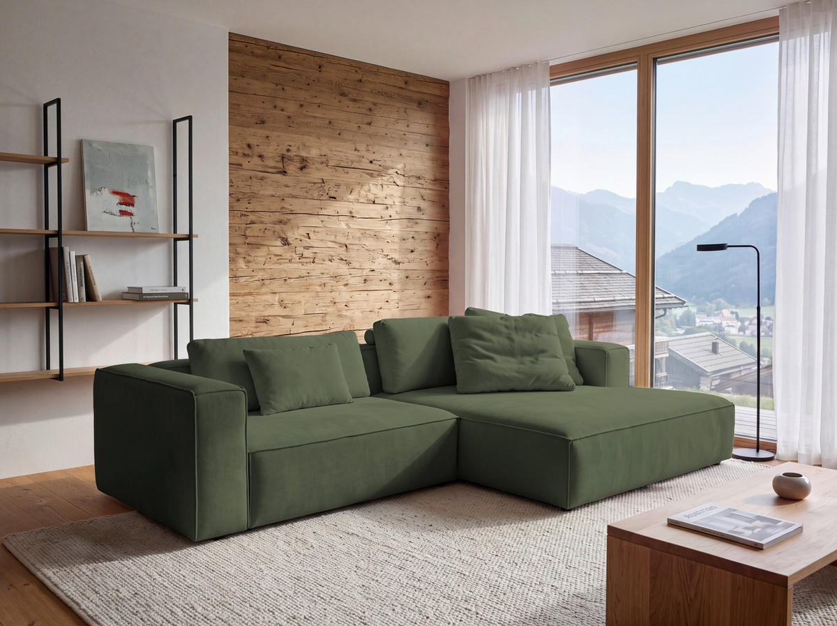 ECKSOFA Dunkelgrün Chenille Rücken echt  - Dunkelgrün/Schwarz, MODERN, Kunststoff/Textil (296/185cm) - Hom`in