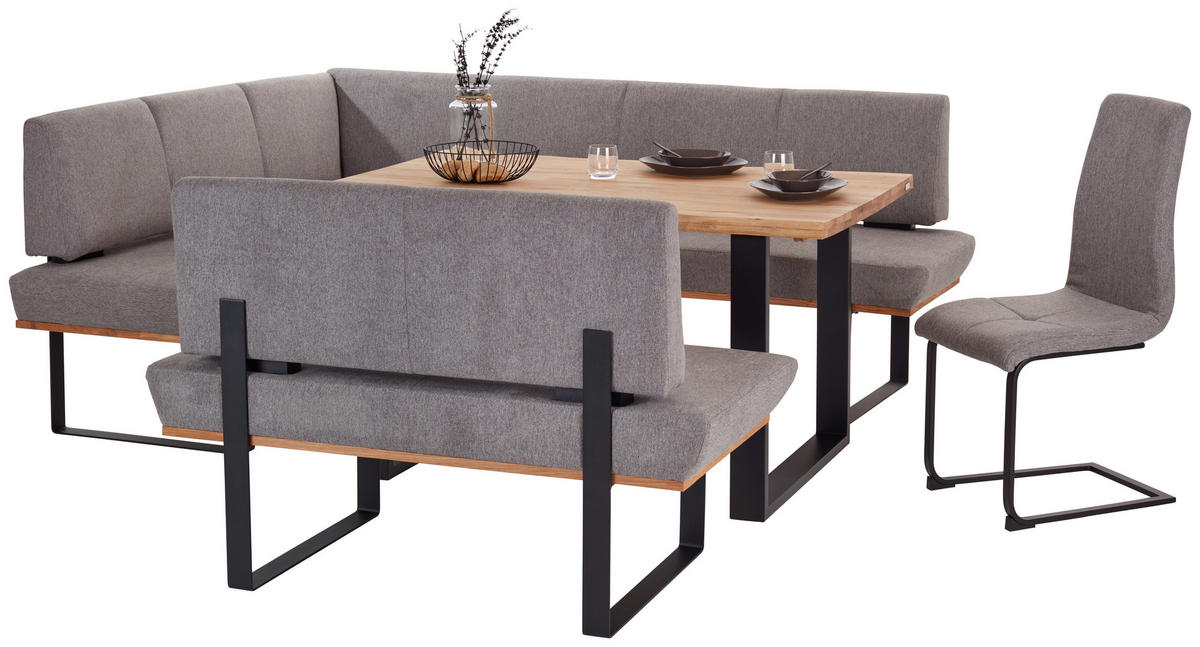 ECKBANK 175/225 cm Webstoff Grau Eiche vollmassiv   - Schwarz/Grau, MODERN, Holz/Textil (175/225cm) - Livetastic