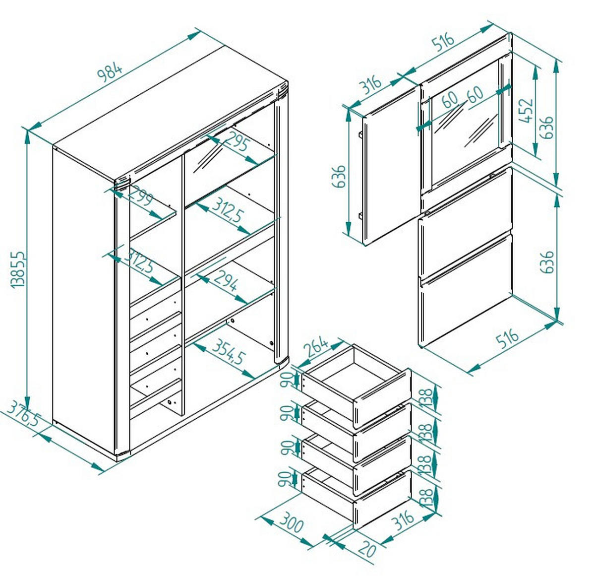 HIGHBOARD Kernbuche  98,4/139,6/37,7 cm  - Kernbuche/Grau, Konventionell, Glas/Holz (98,4/139,6/37,7cm) - Voleo