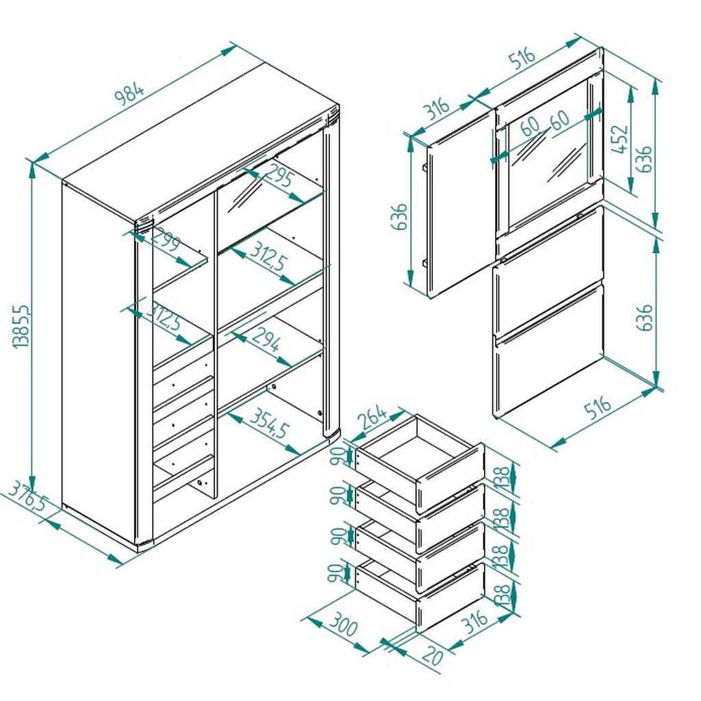 Thumbnail - Voleo Highboard, Kernbuche, Holz, Glas, Holzwerkstoff, Kernbuche, massiv, 3 Fächer, 4 Schubladen, 98.4x139.6x37.7 cm, Be...