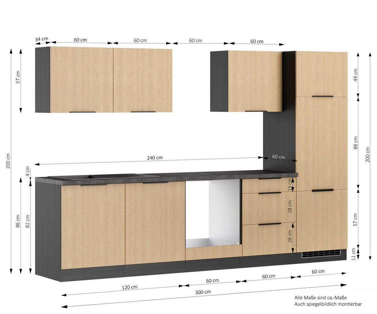 KÜCHENLEERBLOCK 300 cm   in Graphitfarben, Eichefarben  - Eichefarben/Schwarz, Lifestyle, Holzwerkstoff/Metall (300cm) - Held