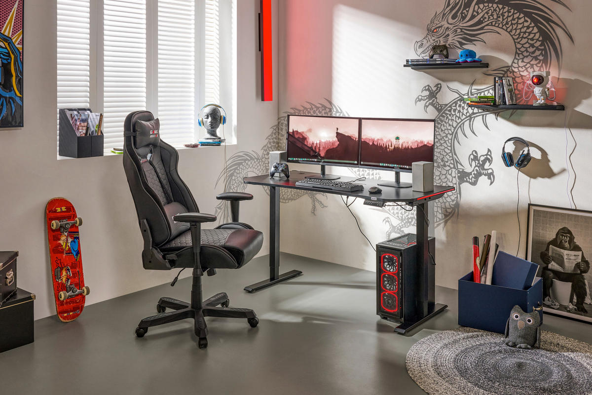 GAMINGTISCH 140/70/73-118 cm Schwarz elektrisch höhenverstellbar  - Schwarz, Design, Holzwerkstoff/Kunststoff (140/70/73-118cm) - BX Gaming