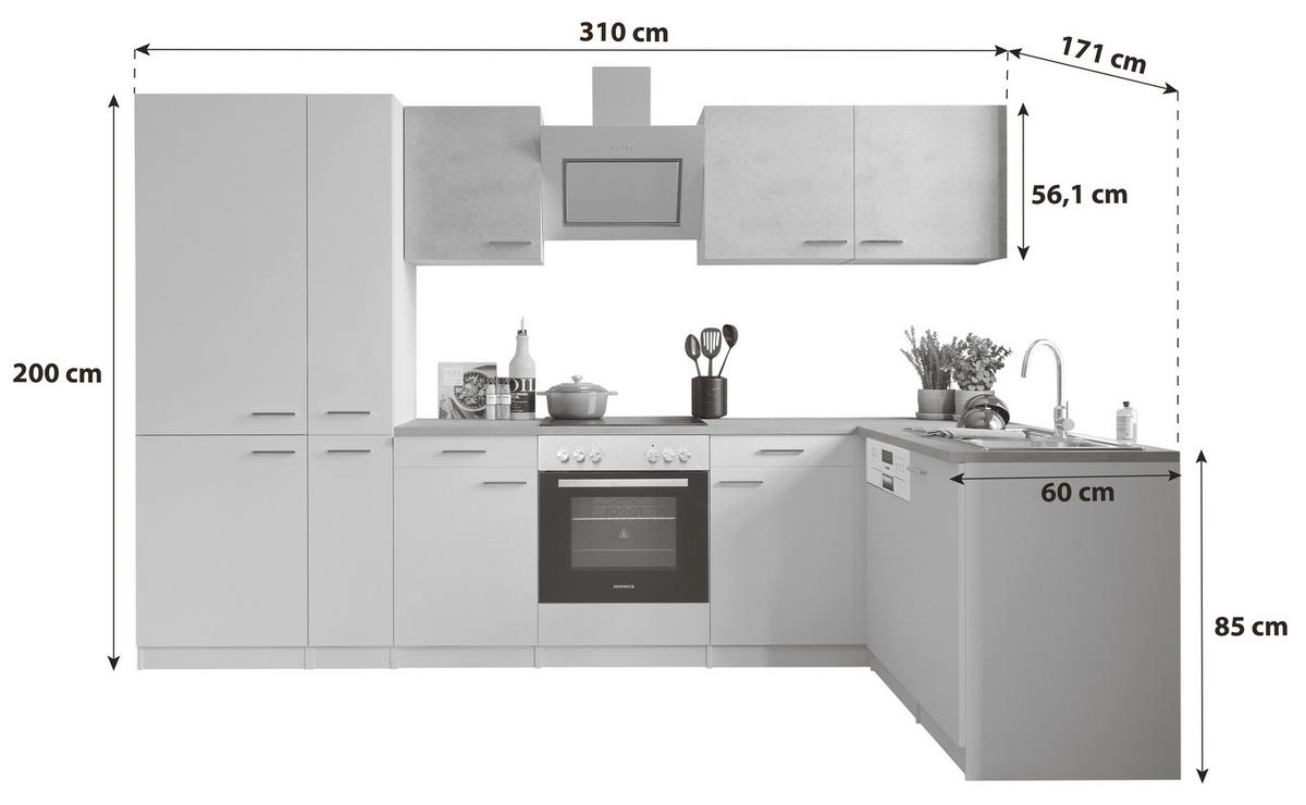 ECKKÜCHE 310/171 cm  in Grau, Weiß  - Edelstahlfarben/Graphitfarben, Basics, Holzwerkstoff/Metall (310/171cm) - Respekta