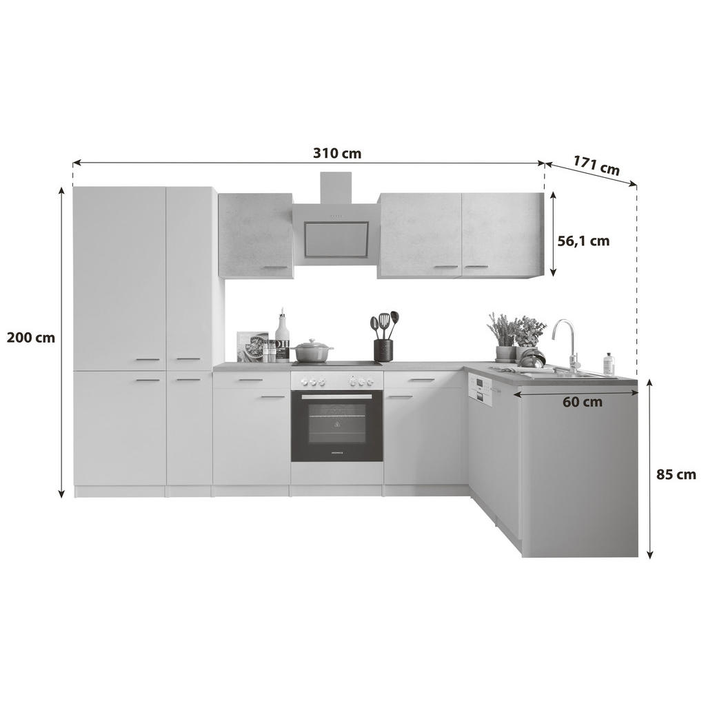 Thumbnail - Respekta Eckküche Malia, Grau, Weiß, Metall, Betonoptik, 1,2 Schubladen, seitenverkehrt montierbar, nur wie online abgeb...