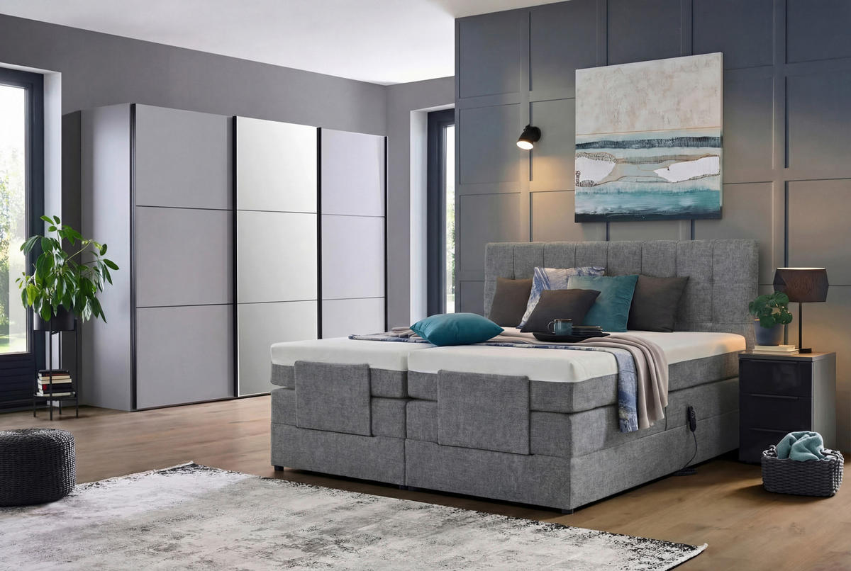 BOXSPRINGBETT 180/200 cm,  in Grau, gepolstertes Kopfteil, Topper, motorische Verstellbarkeit, Fernbedienung, Matratzen, H3 = fest  - Schwarz/Grau, KONVENTIONELL, Kunststoff/Textil (180/200cm) - Moderano