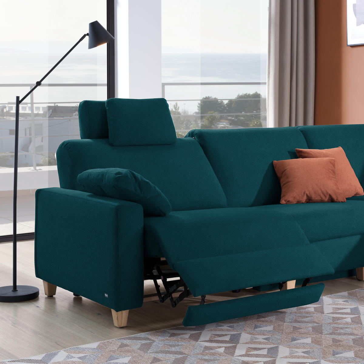 ECKSOFA in Flachgewebe Petrol  261/203 cm  - Eichefarben/Petrol, KONVENTIONELL, Holz/Textil (261/203cm) - Sedda