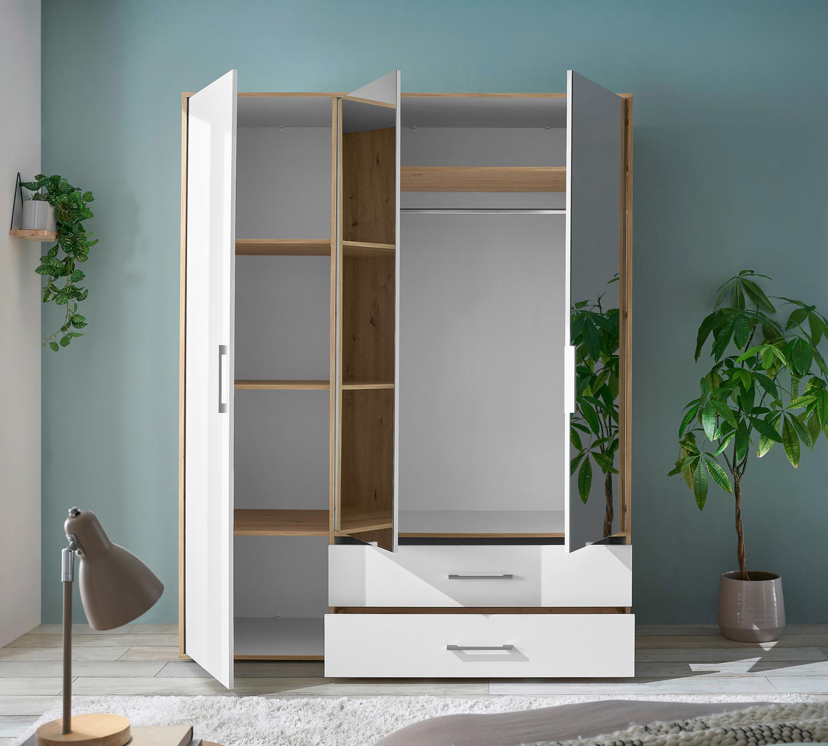 KLEIDERSCHRANK 155/195/60 cm 3-türig Weiß, Eiche Artisan  - Alufarben/Weiß, Basics, Glas/Holzwerkstoff (155/195/60cm)