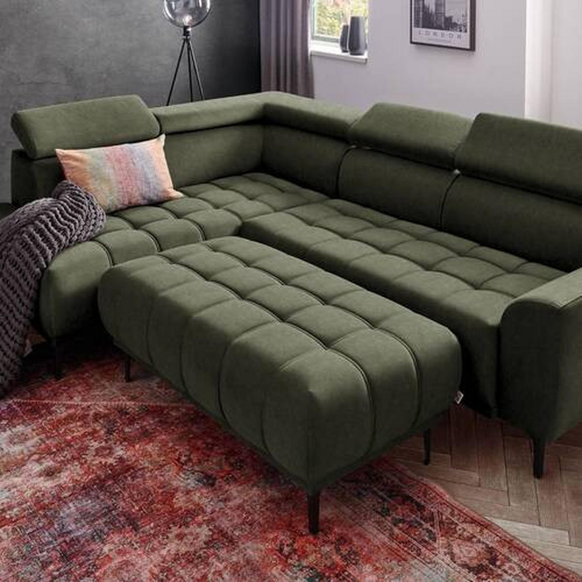 ECKSOFA in Velours Grün  - Schwarz/Grün, Design, Textil/Metall (191/261cm) - Stylife