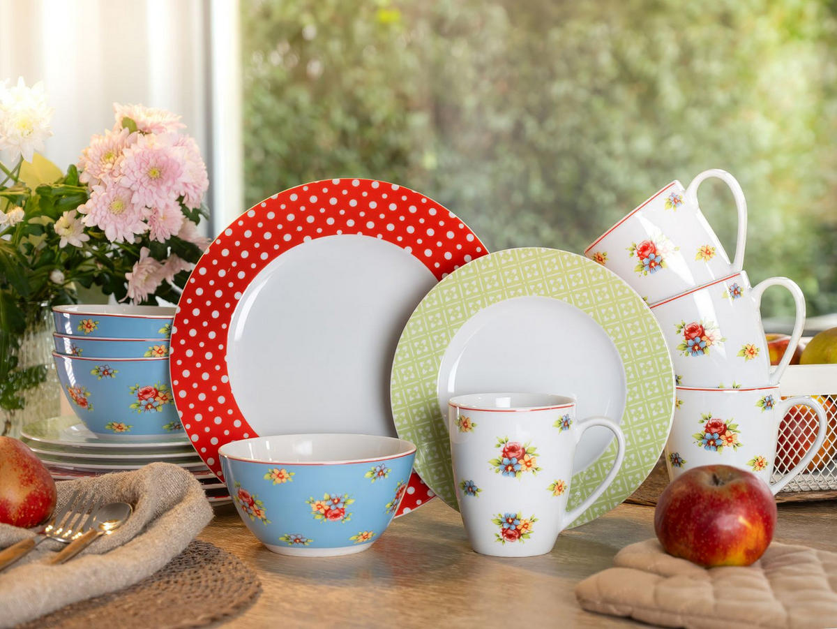 KOMBISERVICE Blau, Gelb, Grün, Rot, Weiß 16-teilig 4 Personen  - Blau/Gelb, Keramik (32/31,5/33cm) - Creatable