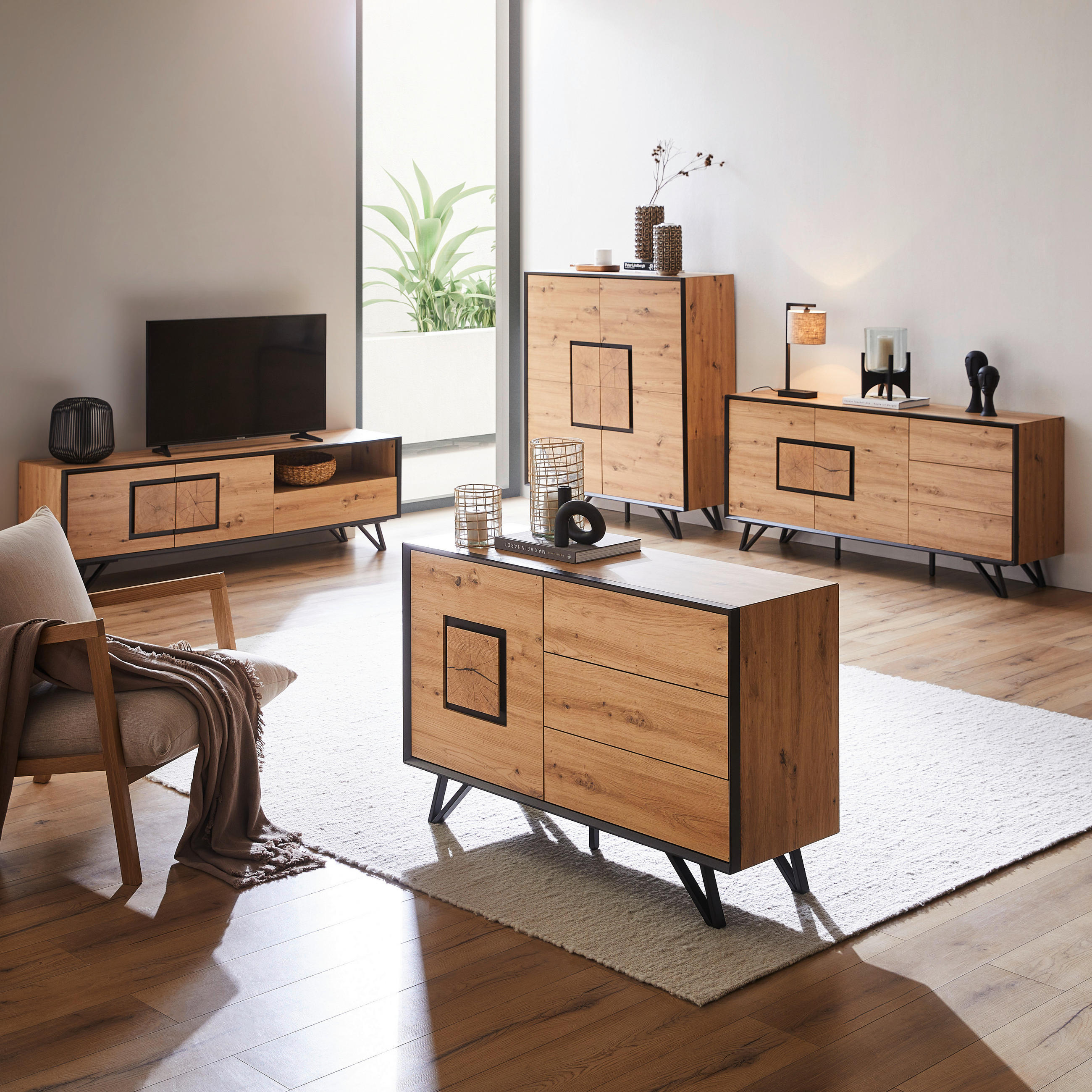 HIGHBOARD  in 116/131/40 cm  - Eichefarben/Schwarz, Holzwerkstoff/Metall (116/131/40cm) - Xora