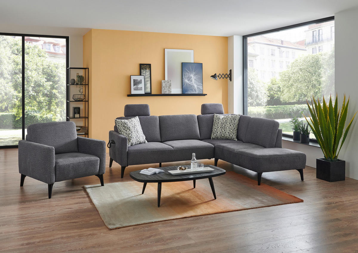 ECKSOFA Mikrofaser Grau  - Schwarz/Grau, Design, Textil/Metall (255/218cm) - Elegando