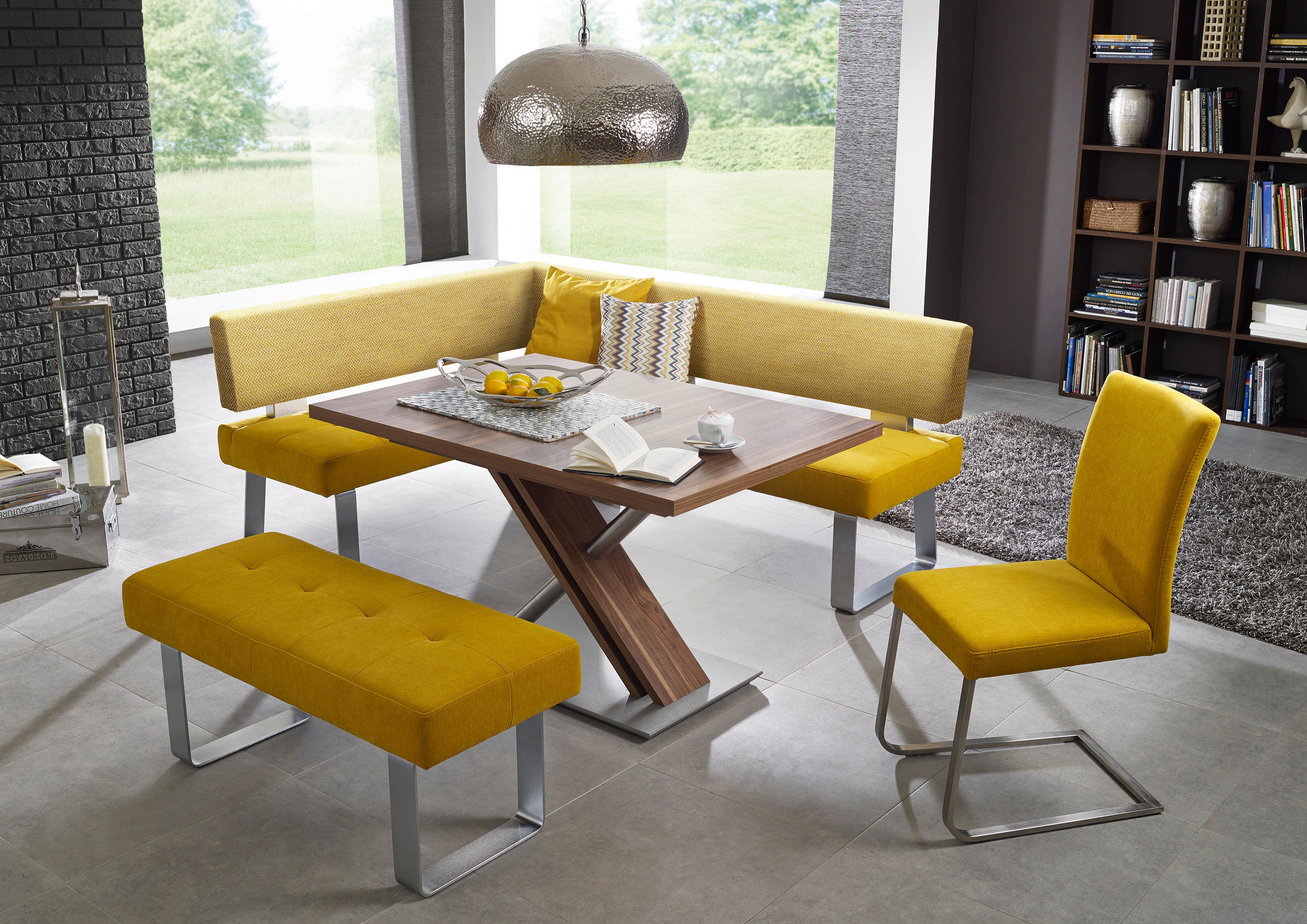 HOCKERBANK 113/51/48 cm   - Edelstahlfarben/Gelb, Design, Textil/Metall (113/51/48cm) - Moderano