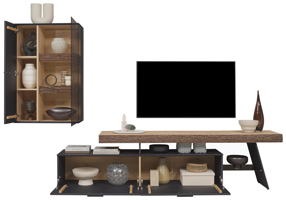 WOHNWAND  Anthrazit, Eichefarben 311/196/44 cm  - Eichefarben/Anthrazit, Design, Glas/Holz (311/196/44cm) - Valnatura