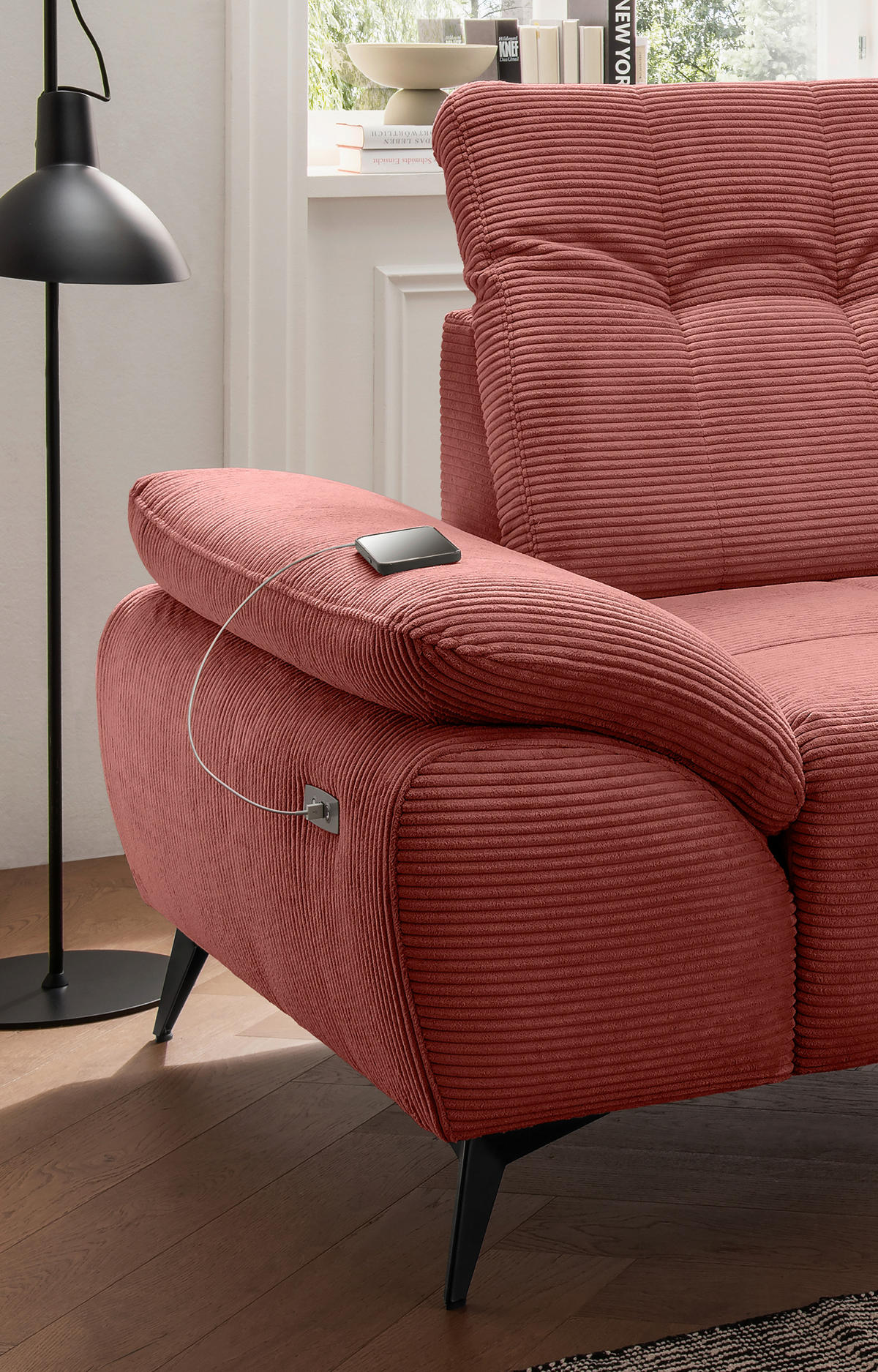 ECKSOFA FIORE in Cord Koralle Kopfteilverstellung, Sitzvorzug  280/180 cm  - Koralle/Schwarz, MODERN, Textil/Metall (280/180cm) - Livetastic