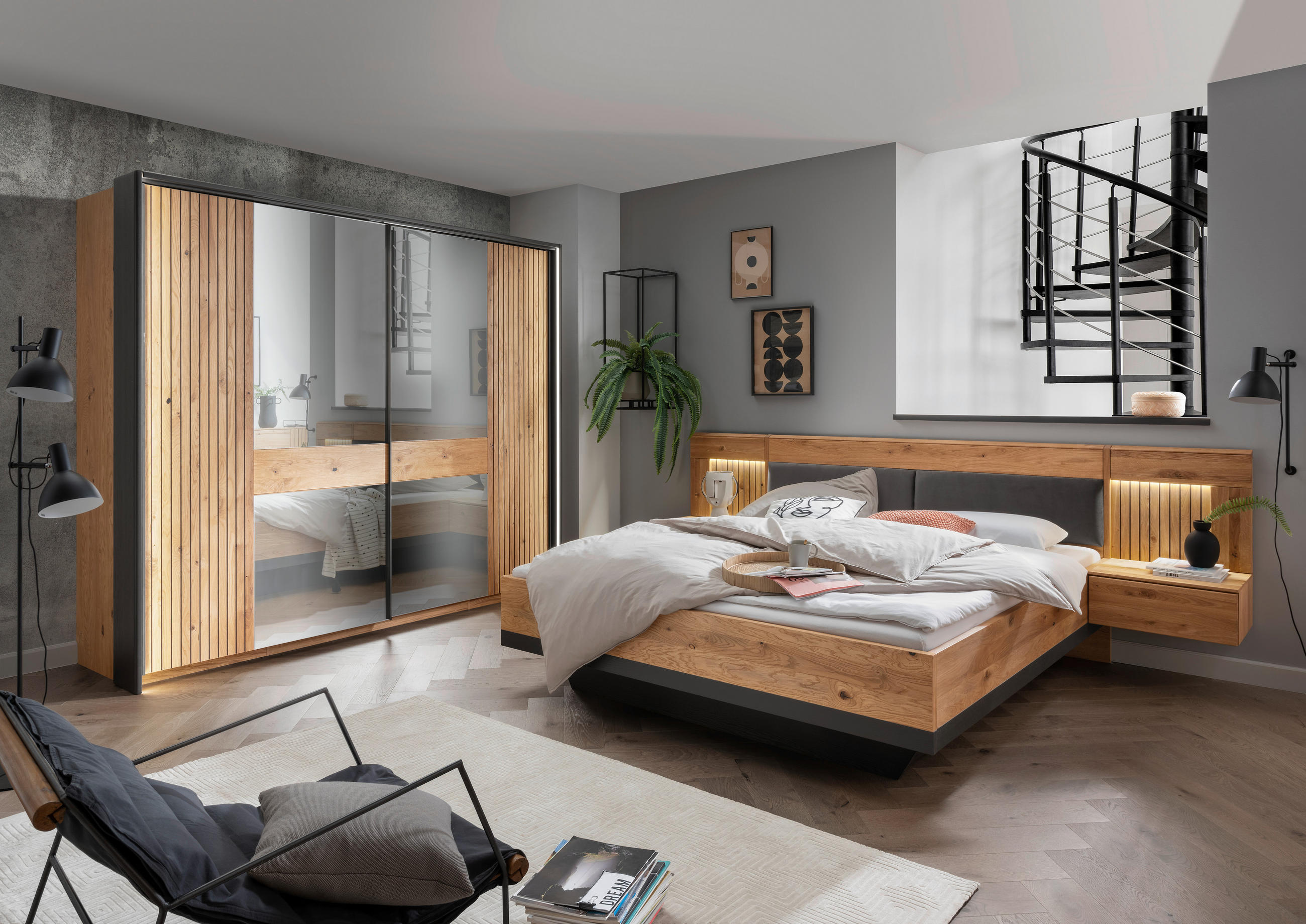 ŠATNÍ SKŘÍŇ SE ZRCADLEM, dub, barvy dubu, 296/214/67 cm - černá/barvy dubu, Lifestyle, kov/dřevo (296/214/67cm) - Linea Natura
