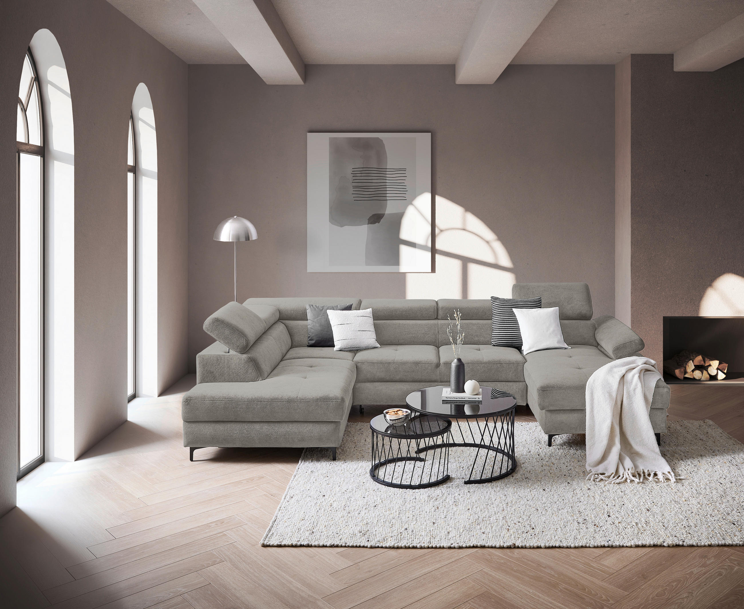 WOHNLANDSCHAFT inkl. Funktion Dunkelgrau Flachgewebe  - Dunkelgrau/Schwarz, MODERN, Textil/Metall (206/333/180cm) - Stylife