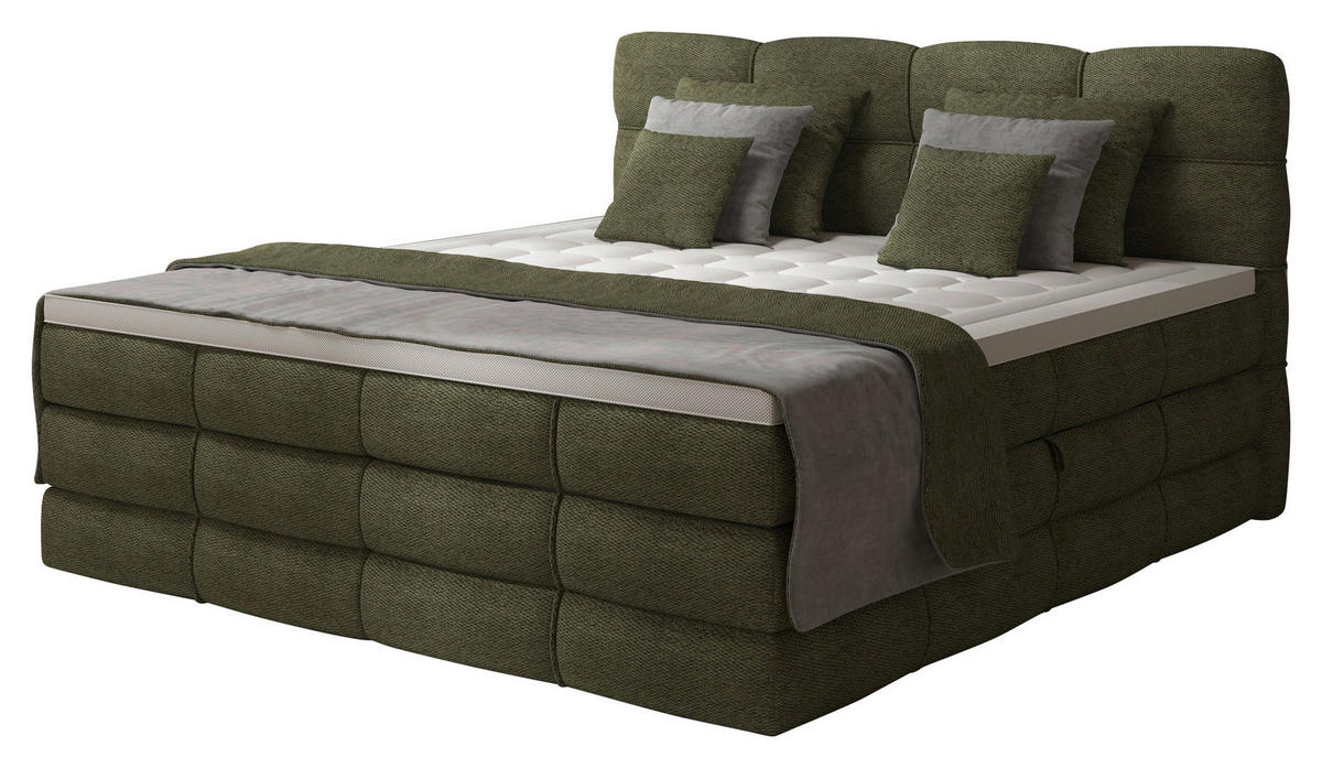BOXSPRINGBETT 160/200 cm,  in Grün, gepolstertes Kopfteil, Bettkasten, Topper, Matratzen, H3 + H3 = fest  - Schwarz/Grün, Design, Kunststoff/Textil (160/200cm) - Chameo