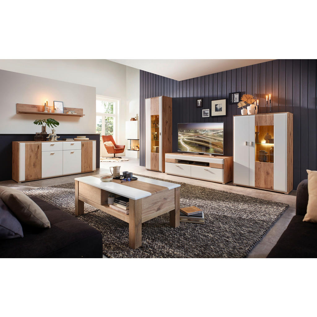 Thumbnail - Xora Wohnwand, Weiß, Eiche, Metall, 3x Glas + 3x Holz Fächer, 1 Schubladen, 350x204x50 cm, Beimöbel erhältlich, stehend,...