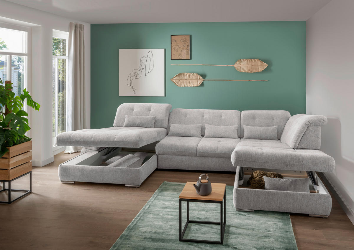 WOHNLANDSCHAFT in Chenille Grau  - Chromfarben/Grau, Design, Textil/Metall (195/376/254cm) - Livetastic
