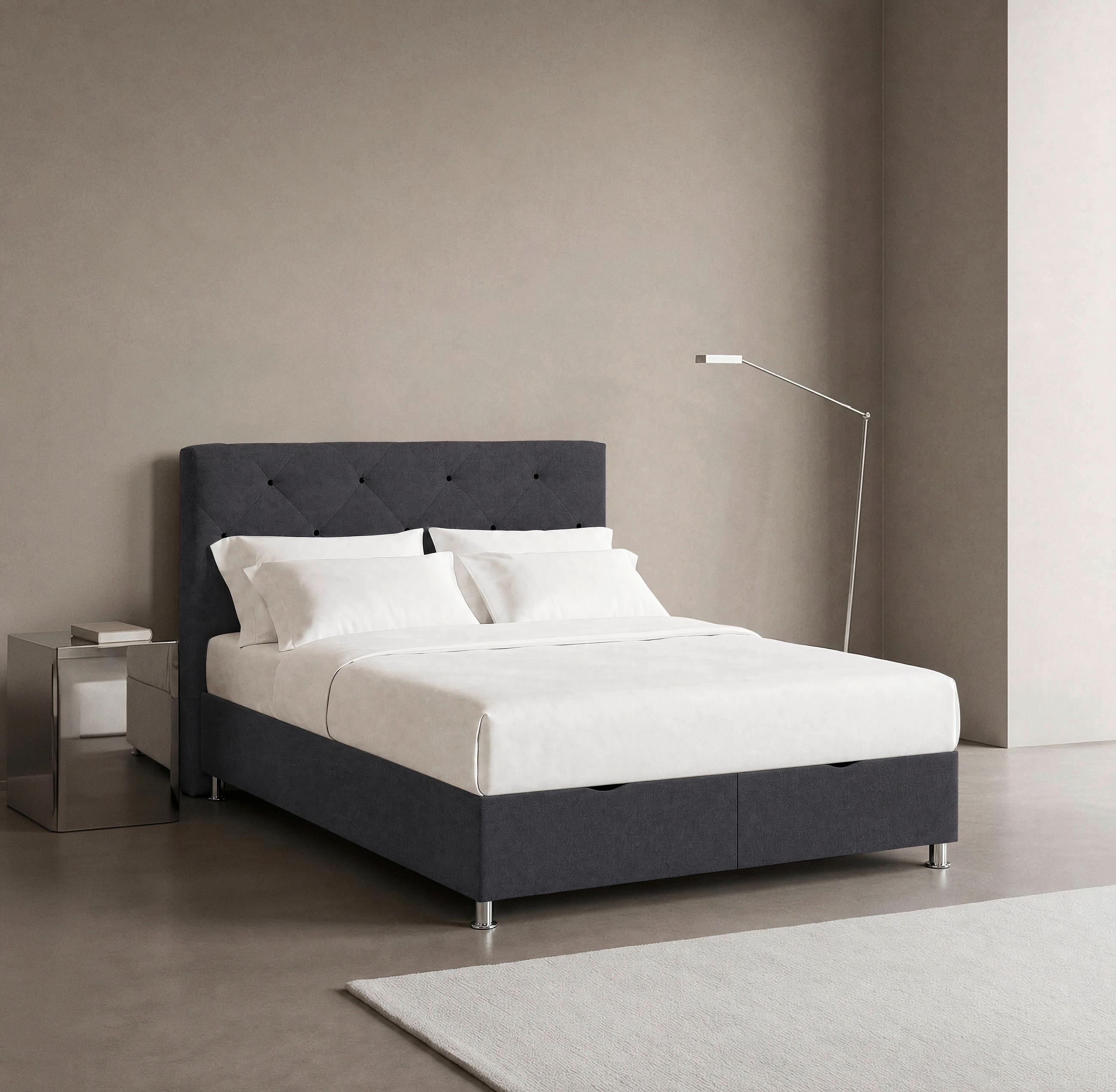 BOXBETT 180/200 cm,  in Anthrazit, Matratze, gepolstertes Kopfteil, Bettkasten, H3 = fest  - Chromfarben/Anthrazit, Design, Kunststoff/Textil (180/200cm) - Boxxx
