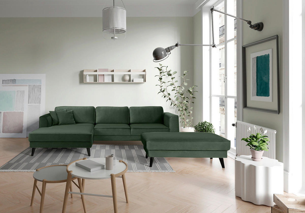 ECKSOFA Velours Dunkelgrün  - Wengefarben/Dunkelgrün, Modern, Holz/Textil (167/277cm) - Trendmanufaktur