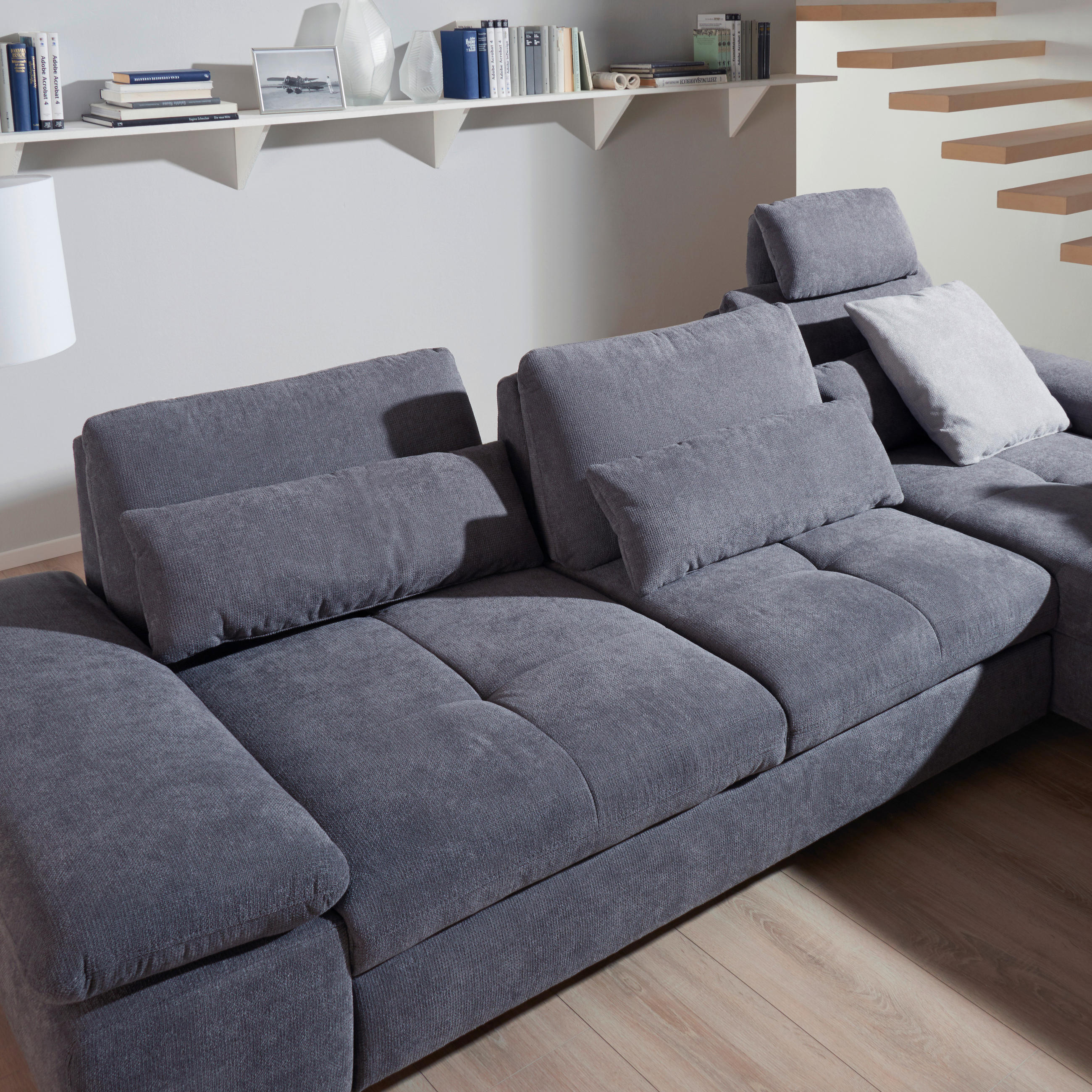Thumbnail - Xora Ecksofa, Grau, Textil, Ottomane rechts, L-Form, 310x203 cm, Goldenes M, erweiterbar, Bettkasten erhältlich, Fußausw...