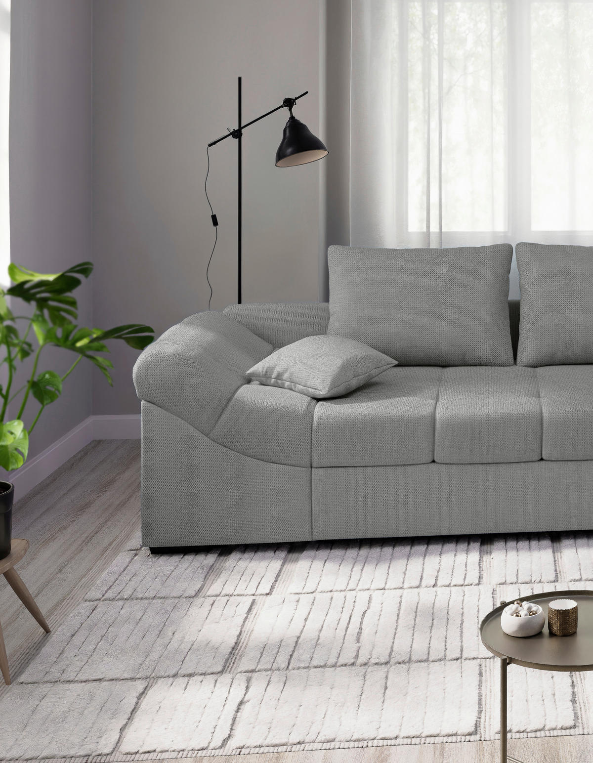 ECKSCHLAFSOFA in Chenille Silberfarben  - Silberfarben/Schwarz, MODERN, Holz/Textil (298/202cm) - MID.YOU