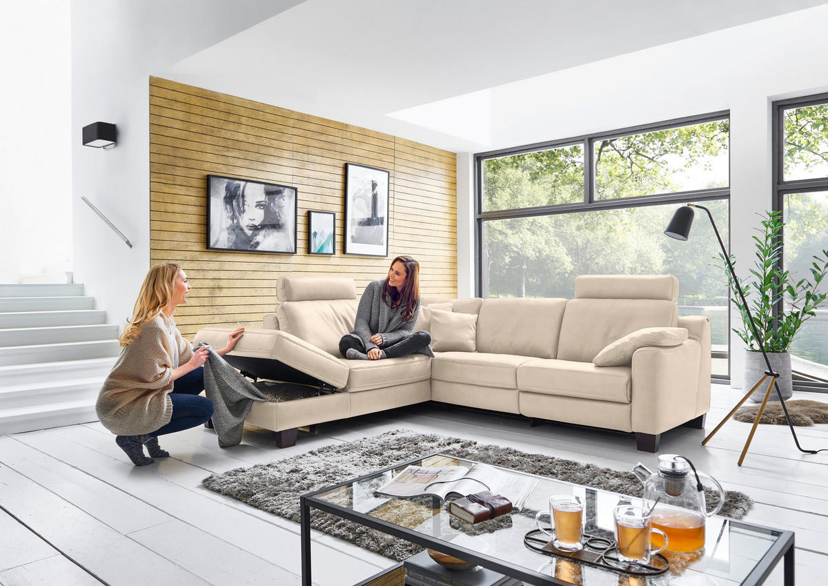 ECKSOFA in Echtleder Beige  - Eichefarben/Beige, Design, Leder/Holz (235/259cm) - Valdera