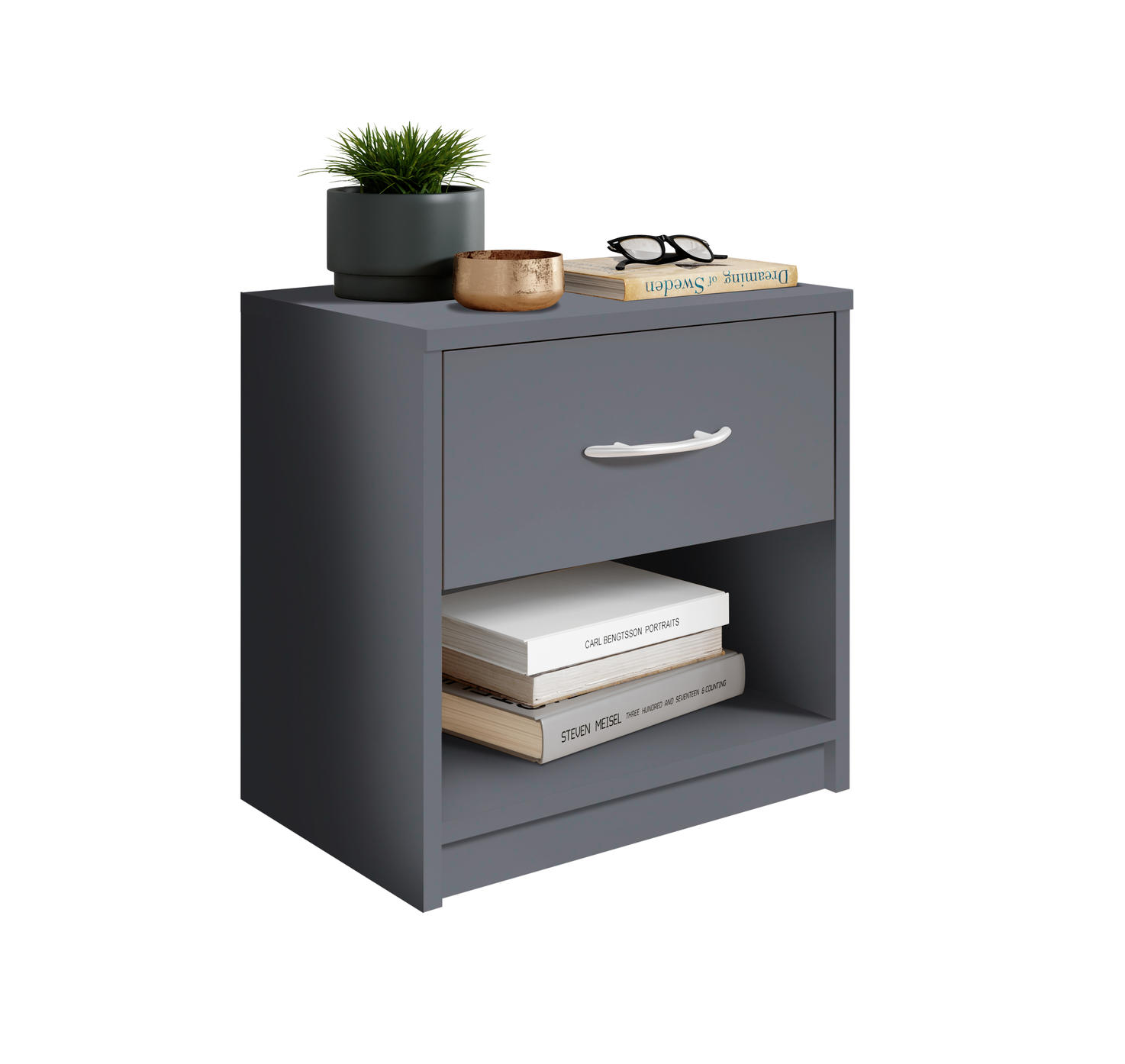 NOČNÍ STOLEK, barvy grafitu, 39/41/28 cm - barvy grafitu/barvy hliníku, Design, kompozitní dřevo/plast (39/41/28cm) - Carryhome