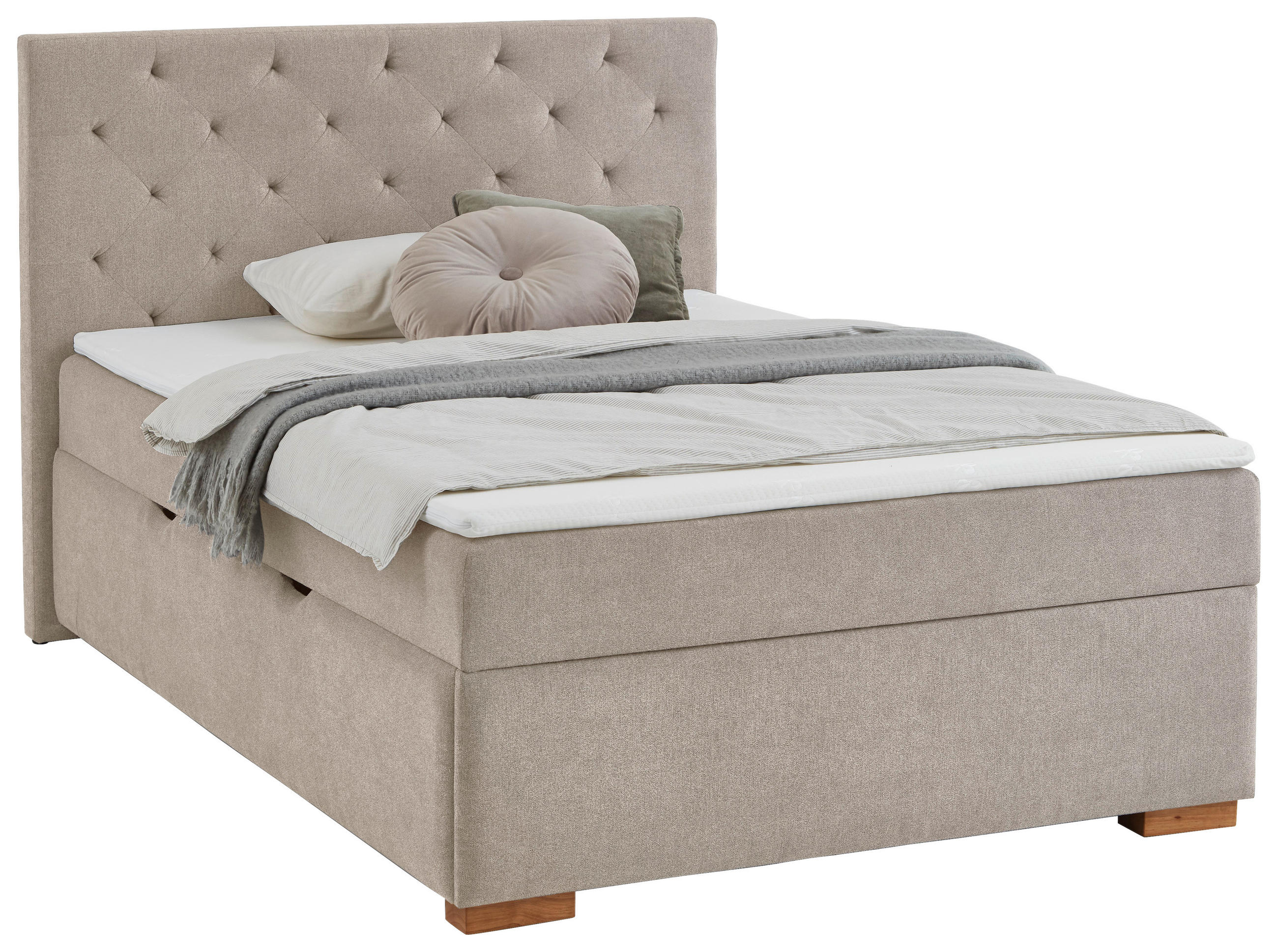 BOXBETT 140/200 cm,  in Creme, Matratze, gepolstertes Kopfteil, Bettkasten, Topper, H3 = fest  - Eichefarben/Creme, Basics, Holz/Textil (140/200cm) - Boxxx