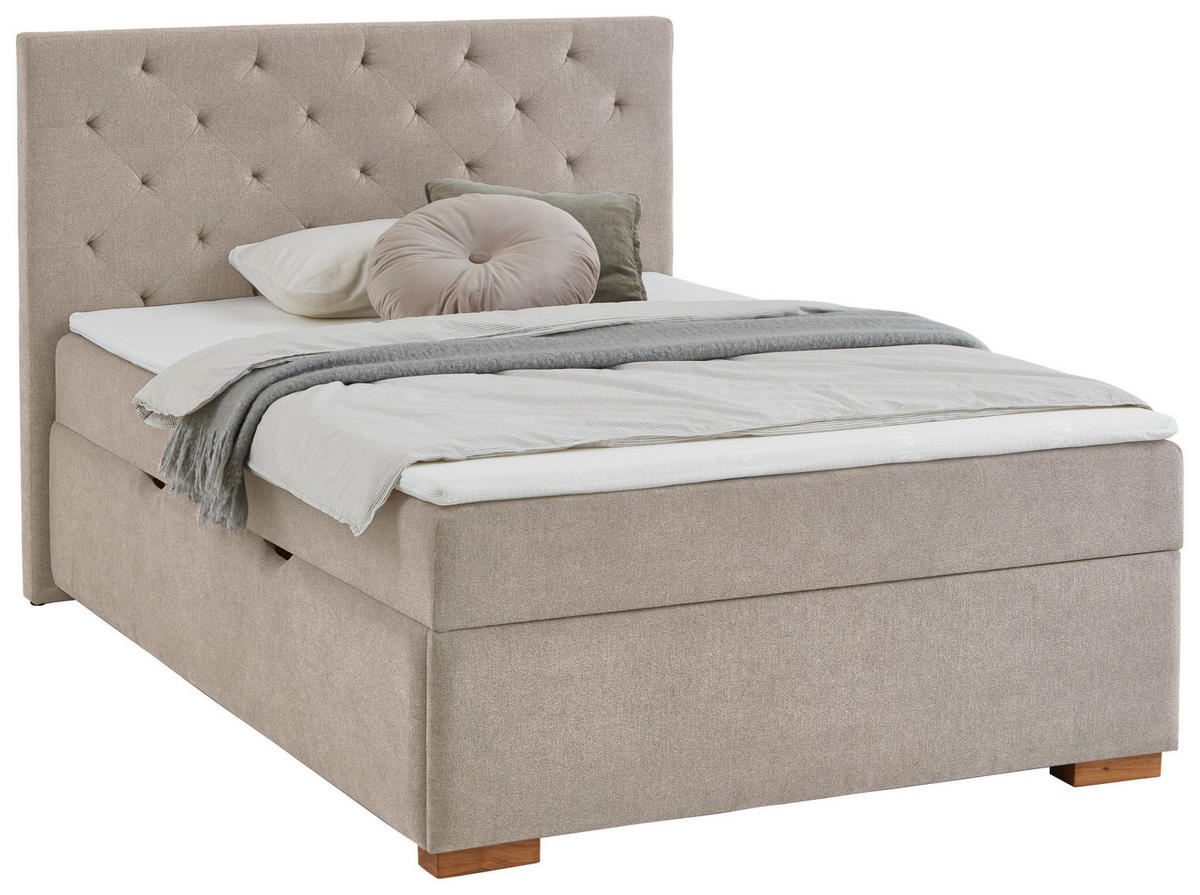 BOXBETT 140/200 cm,  in Creme, Matratze, gepolstertes Kopfteil, Bettkasten, Topper, H3 = fest  - Eichefarben/Creme, Basics, Holz/Textil (140/200cm) - Boxxx