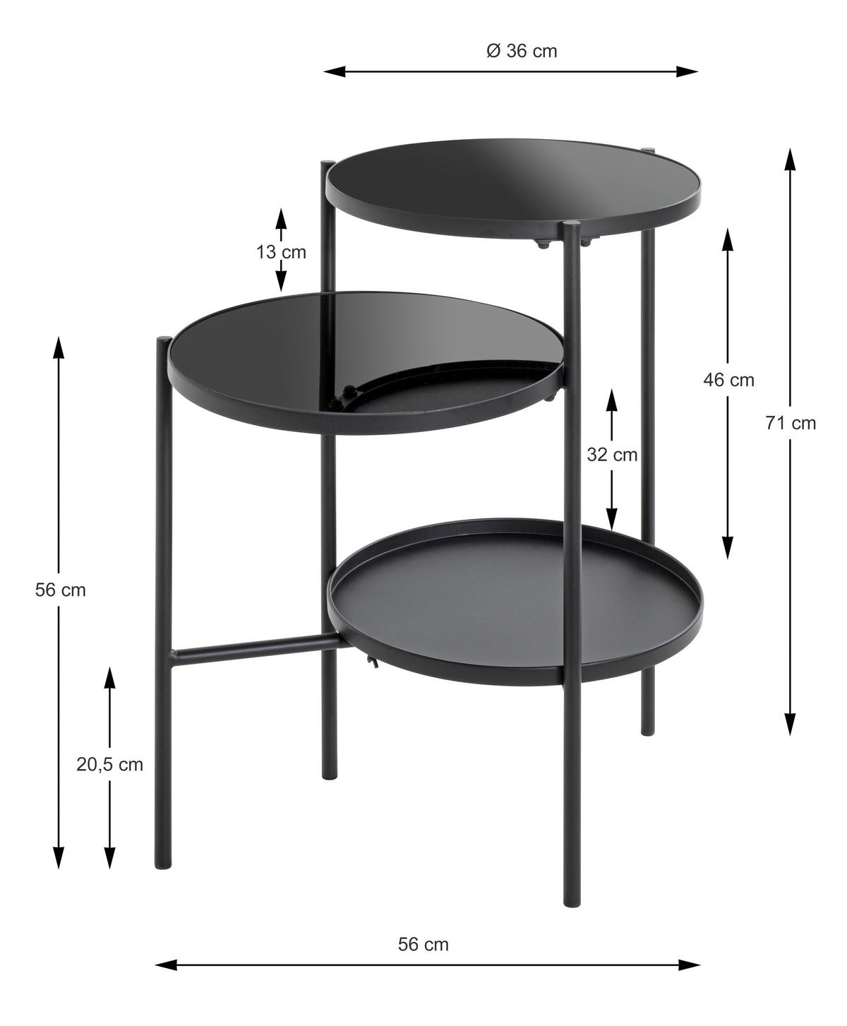 BEISTELLTISCH in Metall, Glas 56/39/71 cm  - Schwarz, Design, Glas/Metall (56/39/71cm)