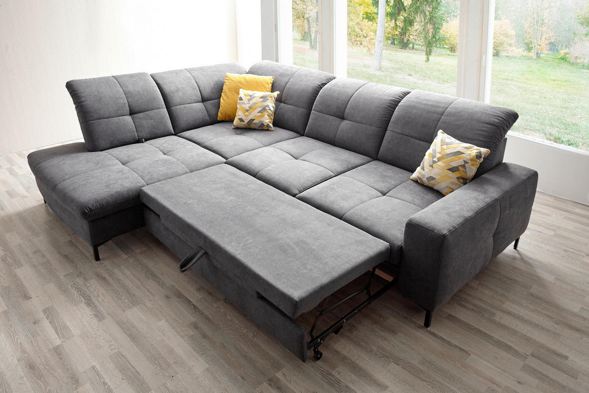 ECKSOFA in Chenille Grau  - Schwarz/Grau, Design, Textil/Metall (240/308cm) - Xora