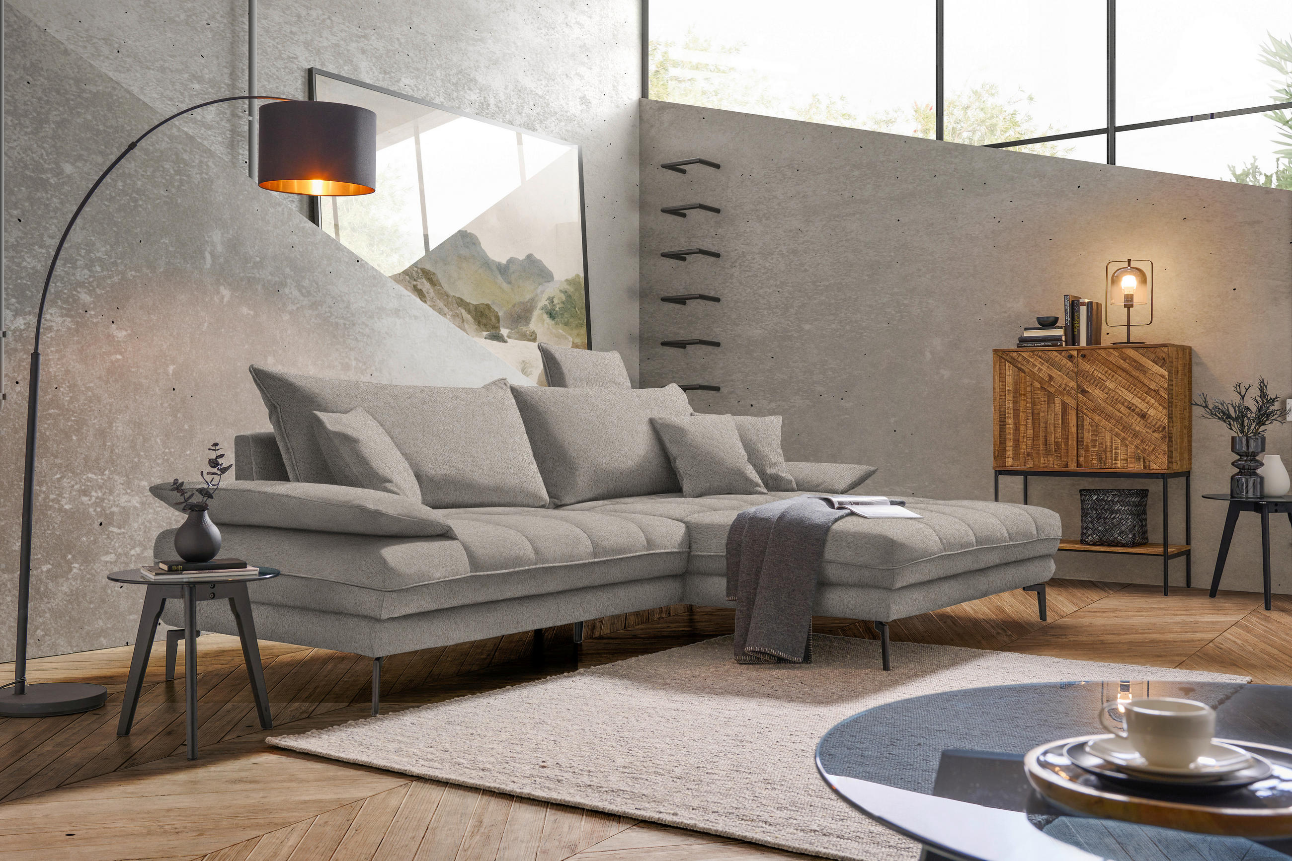 ECKSOFA PRATO Hellbraun Webstoff  - Hellbraun/Schwarz, MODERN, Textil/Metall (292/176cm) - MID.YOU