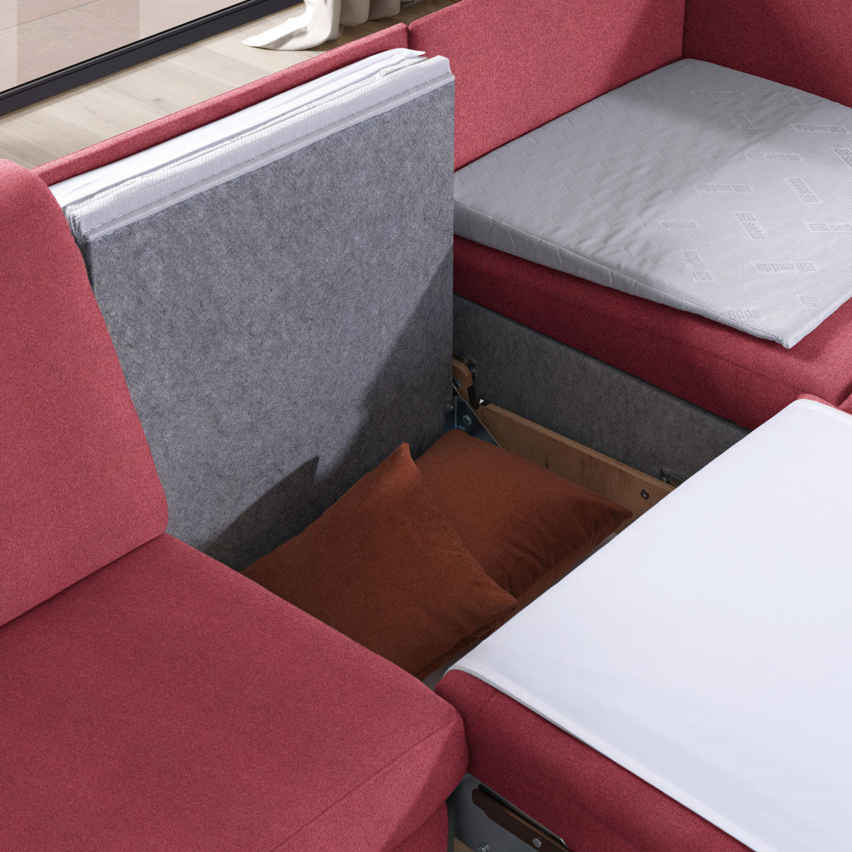 ECKSOFA in Flachgewebe Bordeaux  261/203 cm  - Eichefarben/Bordeaux, KONVENTIONELL, Holz/Textil (261/203cm) - Sedda