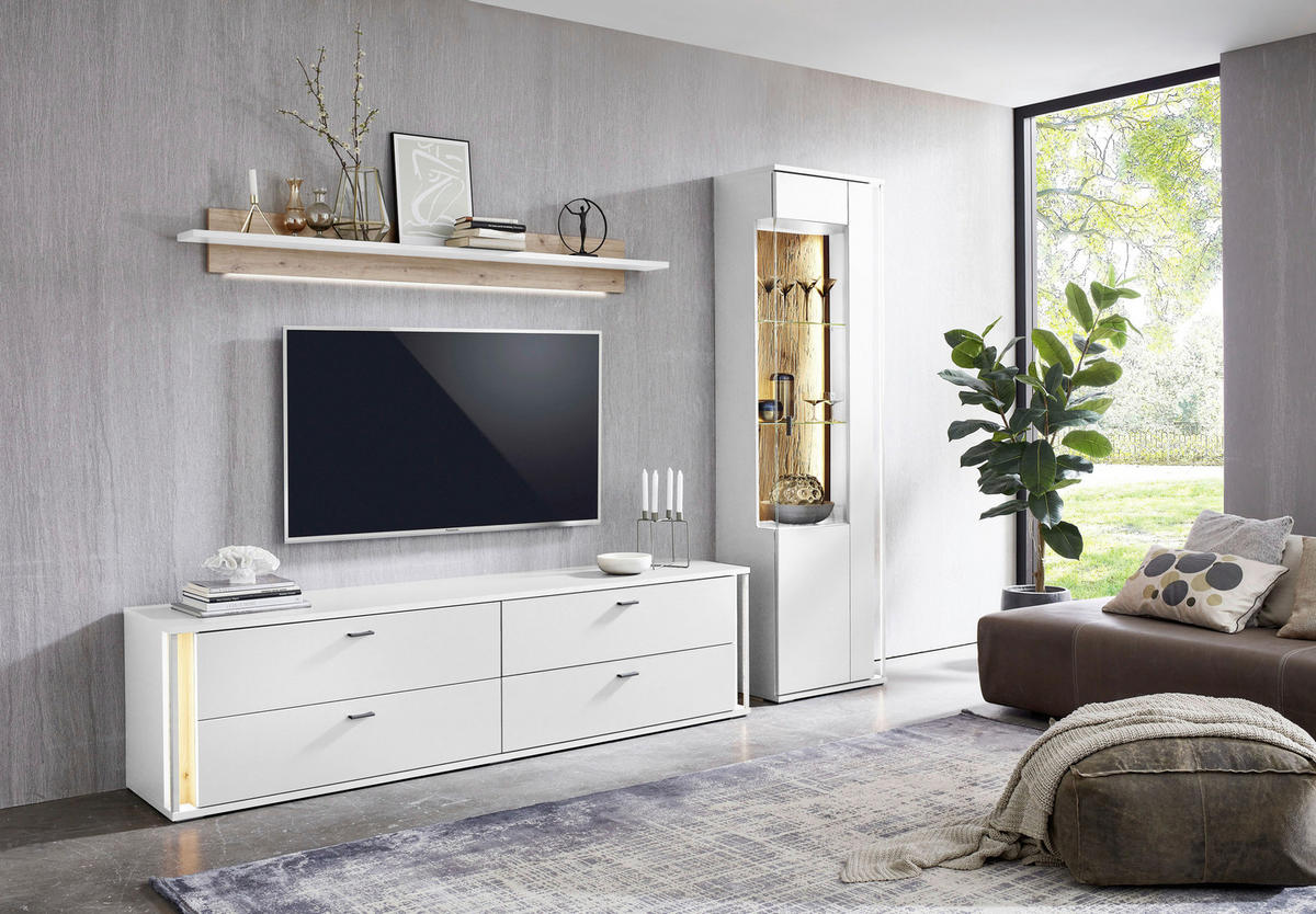 WOHNWAND  in Weiß, Eiche Artisan  275/207,5/44,2 cm  - Dunkelgrau/Weiß, Design, Glas/Holzwerkstoff (275/207,5/44,2cm) - Stylife