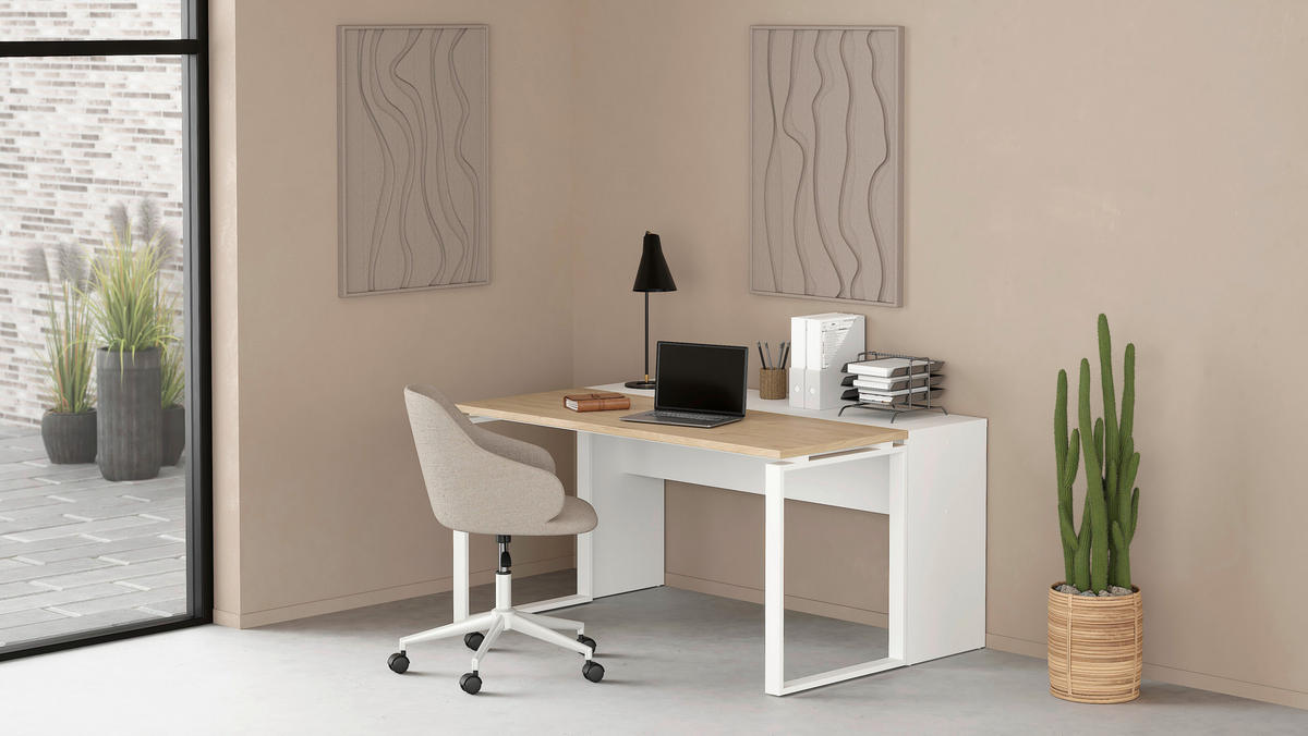 SCHREIBTISCH 150/60/75,6 cm  in Eichefarben  - Eichefarben/Weiß, MODERN, Holzwerkstoff/Metall (150/60/75,6cm) - MID.YOU