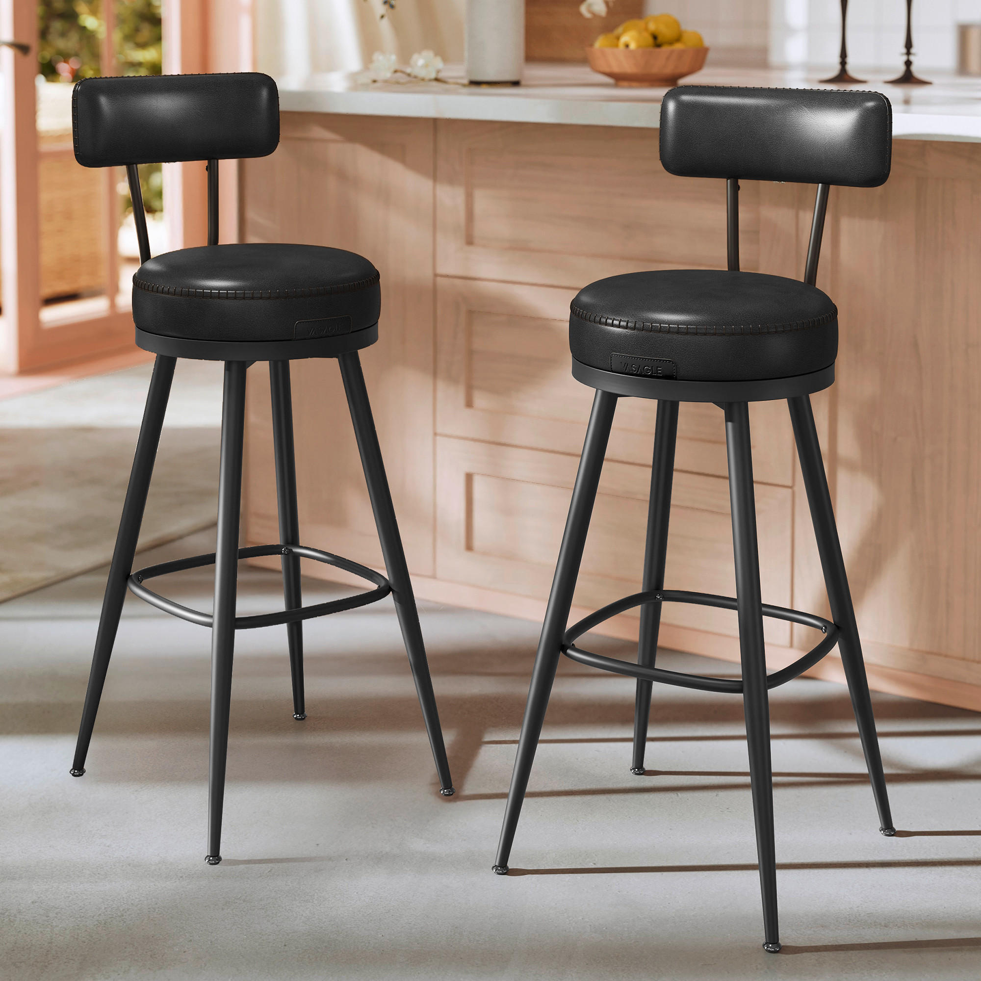 BARHOCKER Lederlook Schwarz Carbonstahl  - Schwarz, MODERN, Leder/Kunststoff (56cm) - MID.YOU