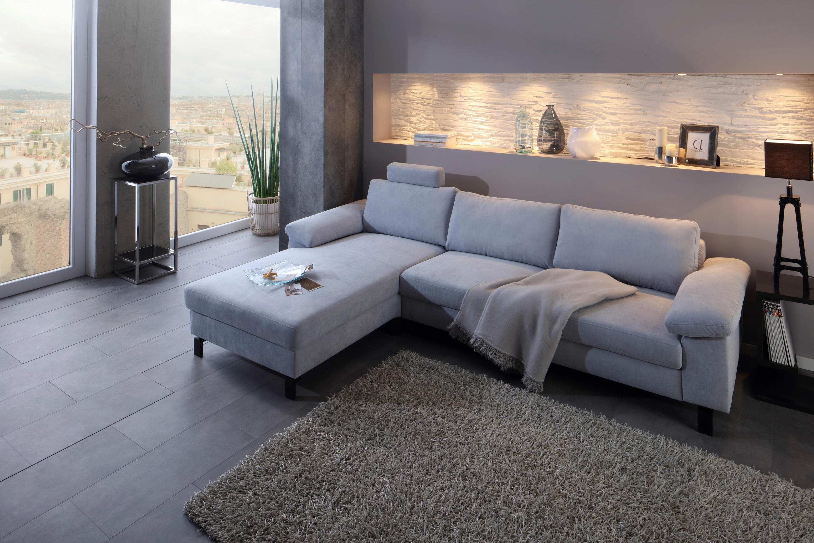 ECKSOFA in Velours Hellblau  - Schwarz/Hellblau, Design, Textil/Metall (182/288cm) - Hom`in