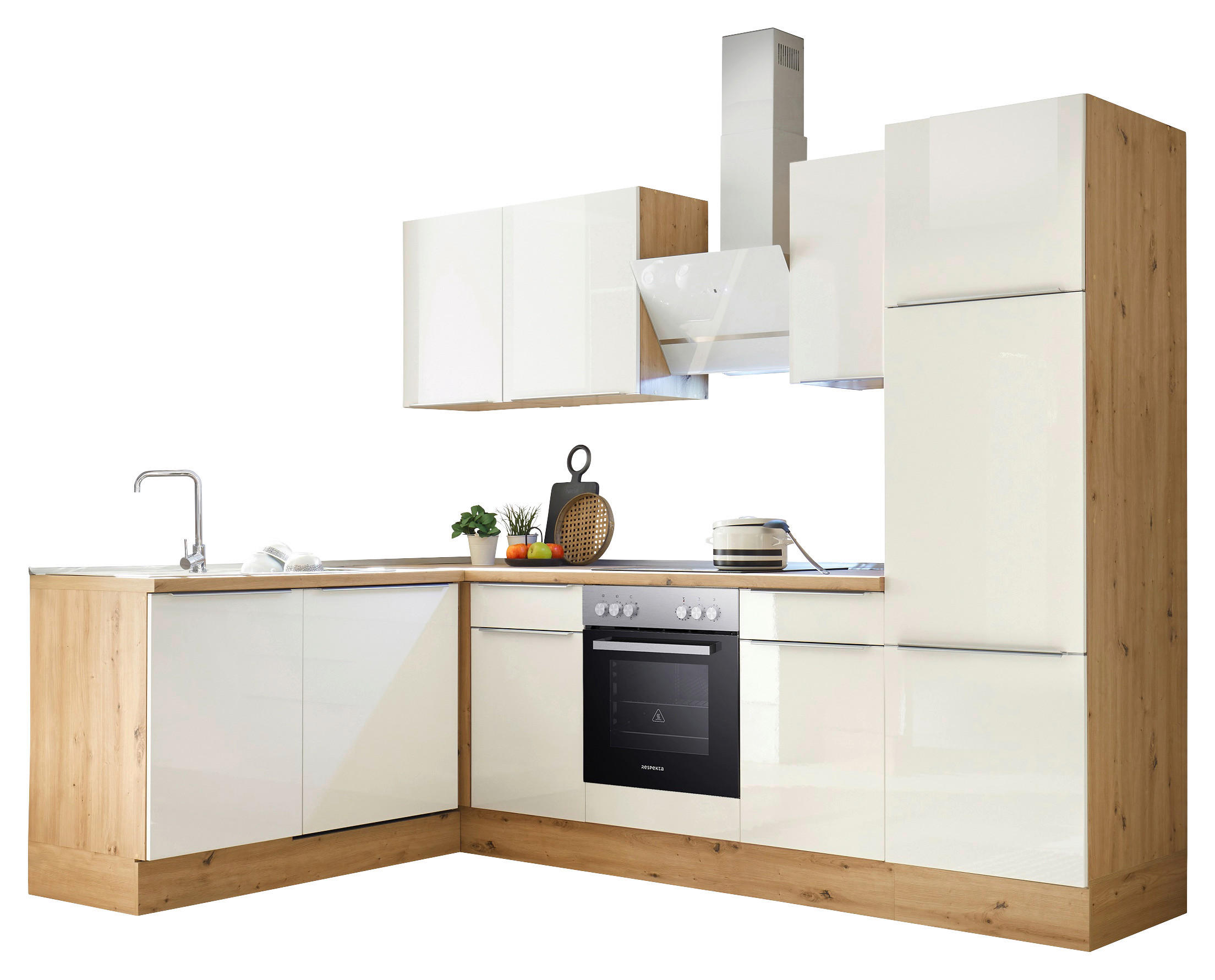 ECKKÜCHE 280/170 cm  in Eiche Artisan, Weiß Hochglanz  - Weiß Hochglanz/Alufarben, LIFESTYLE, Kunststoff (280/170cm) - Respekta