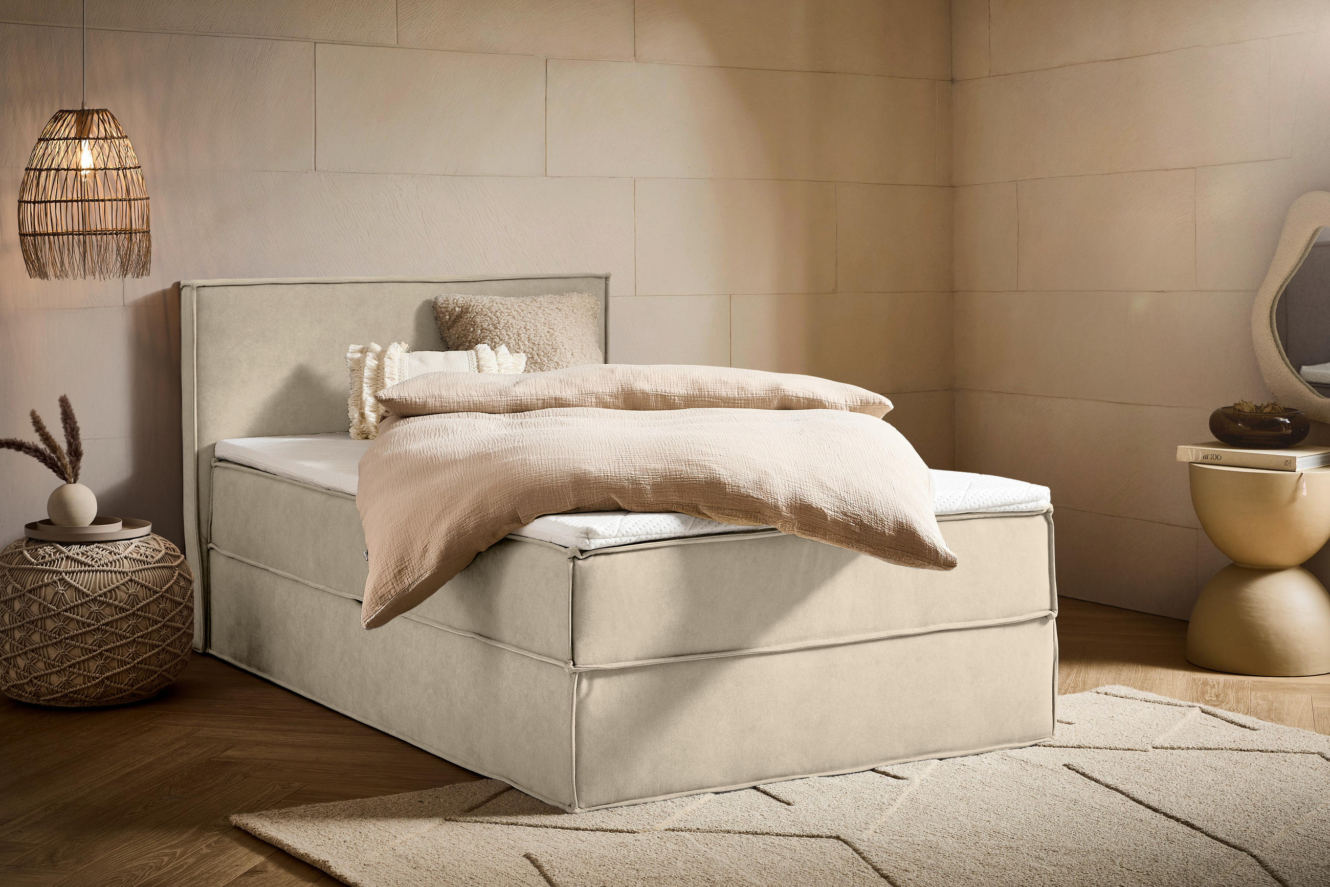 BOXBETT 120/200 cm,  in Beige, Bettkasten, Topper, H3 = fest  - Beige/Schwarz, Design, Kunststoff/Textil (120/200cm) - Chameo
